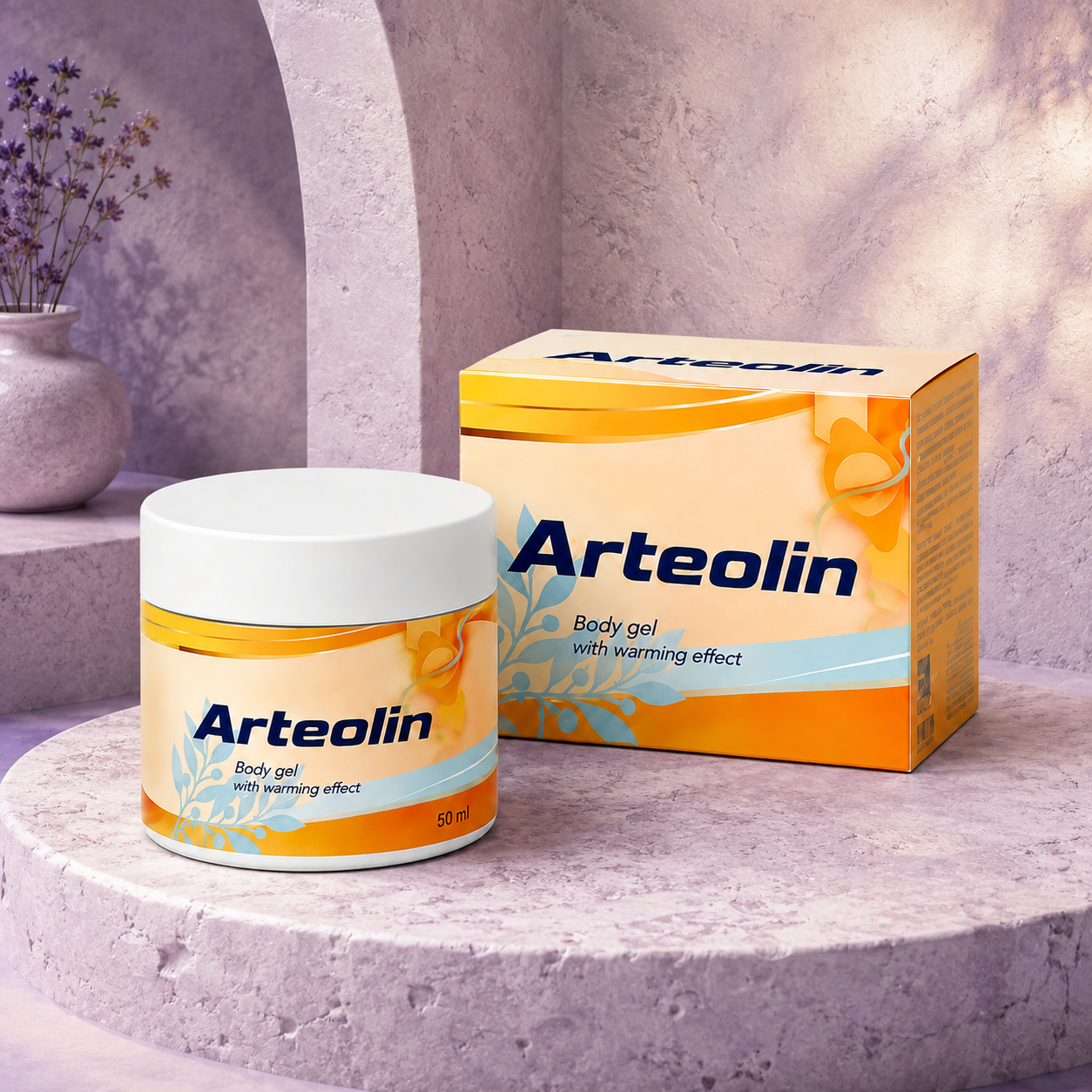 Borcan de 50 ml cu gel de corp cu efect de încălzire, alături de cutia sa de carton